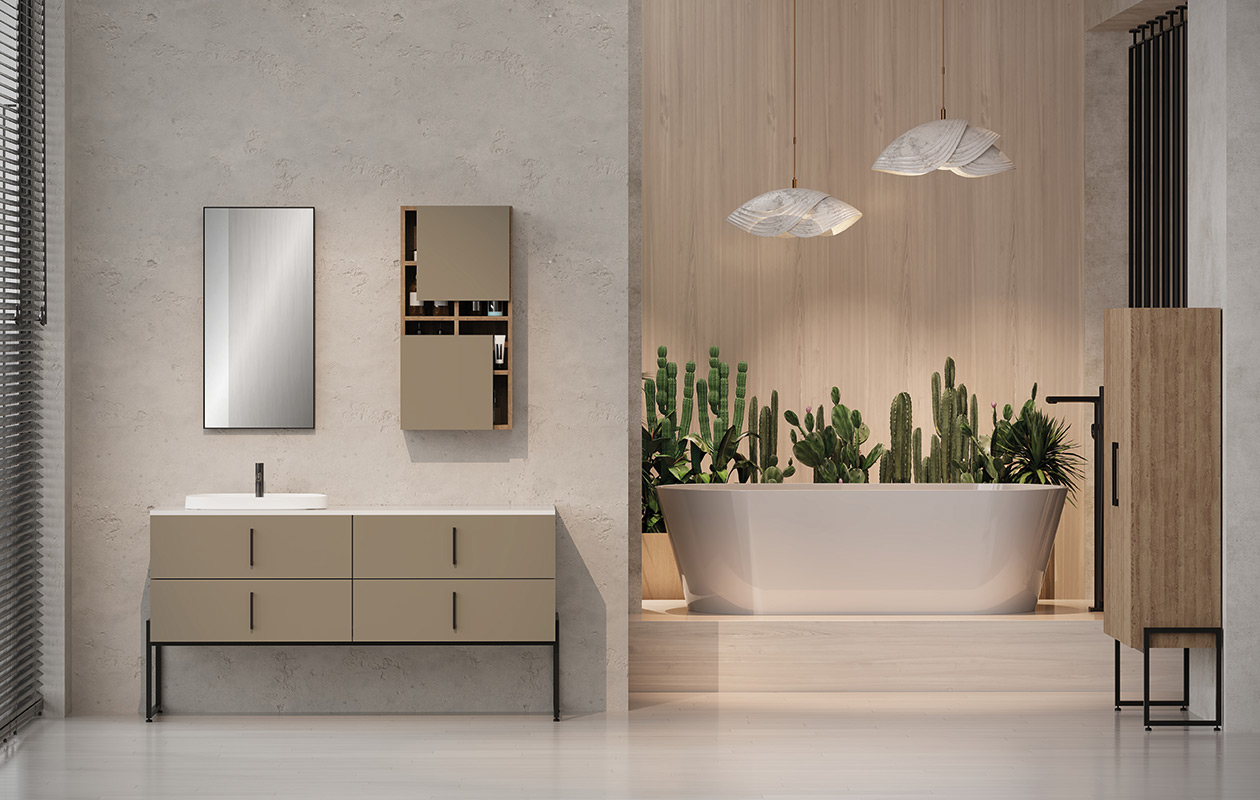 Nexis Banyo, geniş çekmeceli taban ünitesi, ayaklı boy dolabı ve açık raflı duvar ünitesinden oluşan Nexis, geniş depolama ihtiyacı olan modern banyolar için tasarlanmıştır.